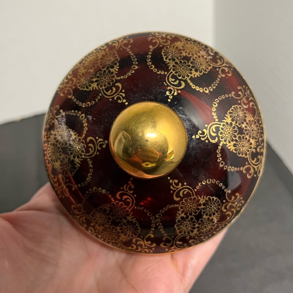 Vintage Bohemian Amber Glass Lid – Gold Floral Overlay Replacement